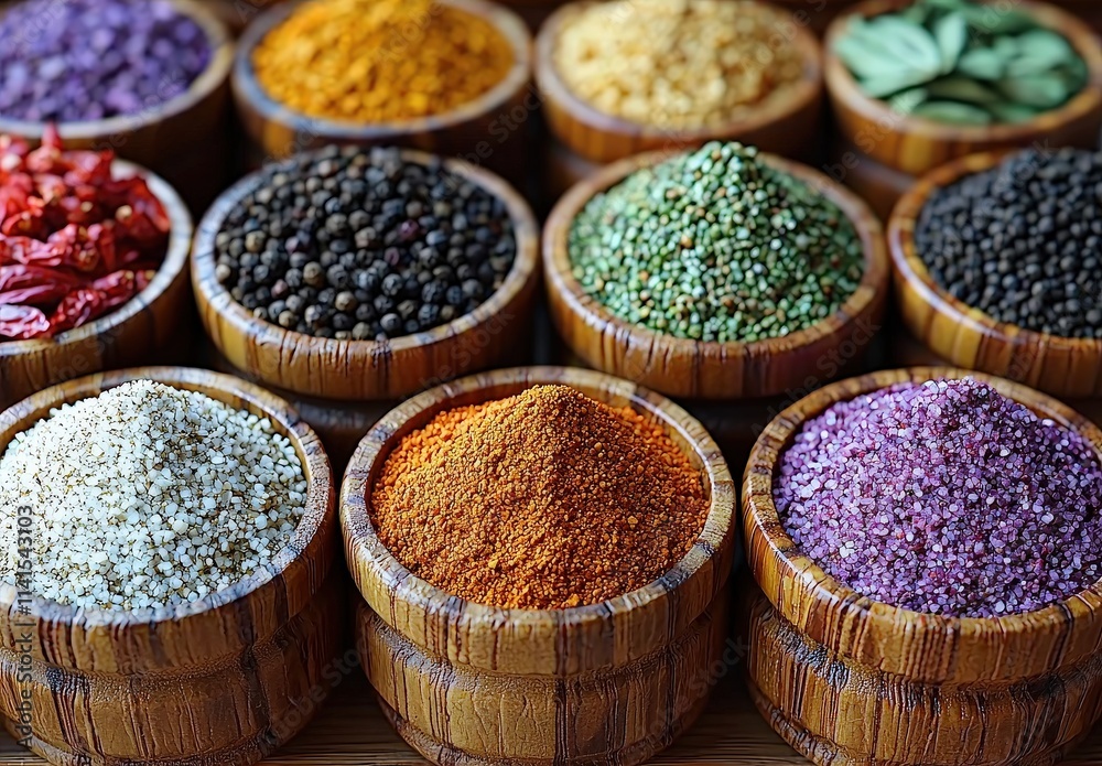 Aromatic spices in wooden bowls, vibrant colors, culinary ingredients, food photography, texture, close-up shot of various seasonings. Aromatic spices in wooden bowls, vibrant colors, culinary ingredients, food photography, texture, close-up shot of various seasonings.