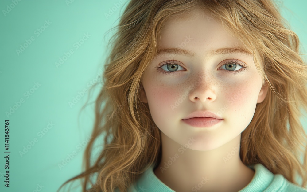 Young girl with wavy hair and blue eyes poses against a soft turquoise background in a natural and serene setting Young girl with wavy hair and blue eyes poses against a soft turquoise background in a natural and serene setting