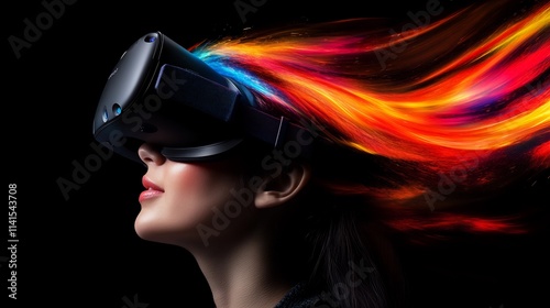 Woman Immersed in Virtual Reality Experience with Vibrant Colors