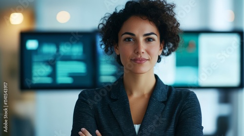 Confident businesswoman with curly hair standing in front of modern digital screens, exuding professionalism and leadership in a contemporary office environment