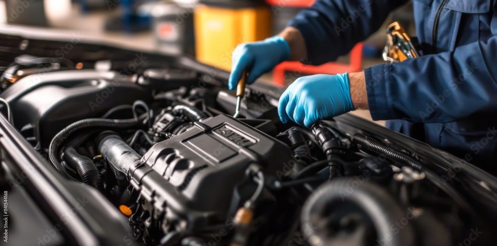 Professional mechanic repairing a car engine in a garage for automotive repair service. Concept of car maintenance Professional mechanic repairing a car engine in a garage for automotive repair service. Concept of car maintenance