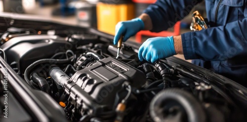 Professional mechanic repairing a car engine in a garage for automotive repair service. Concept of car maintenance