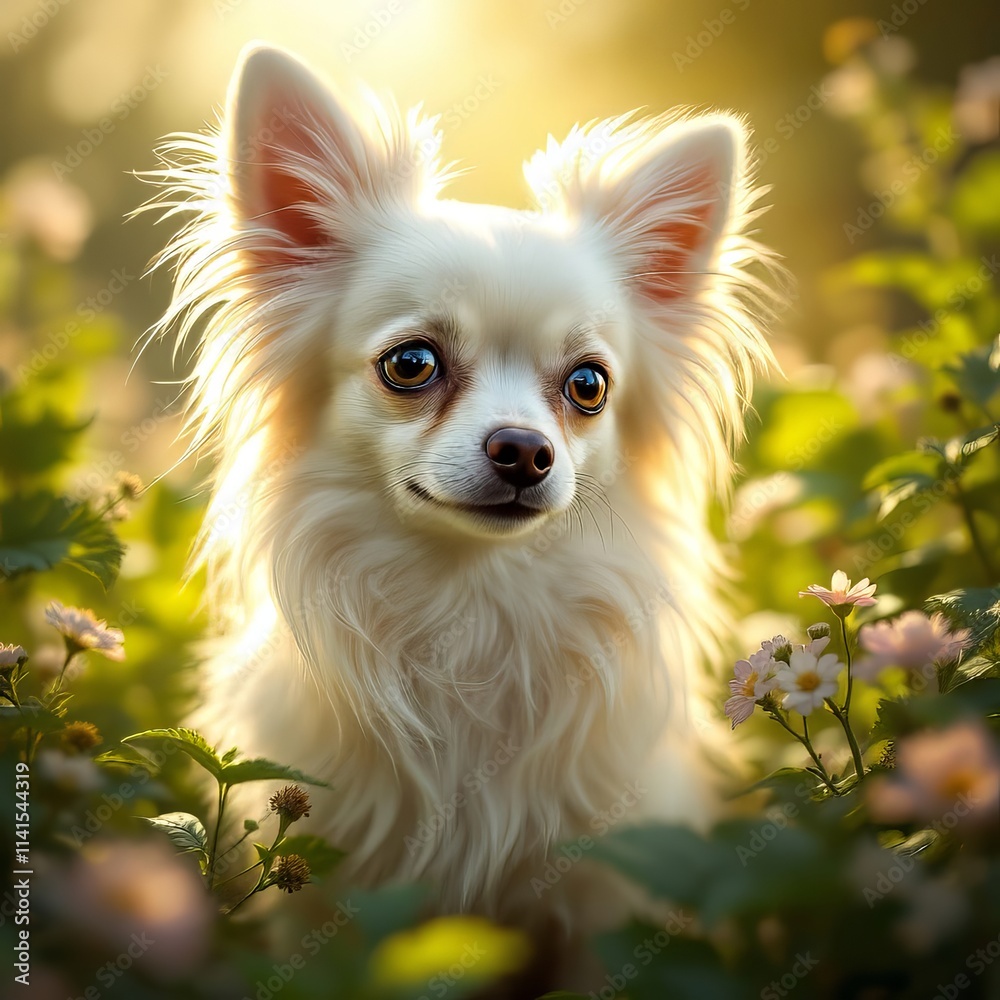 A dazzling white Chihuahua, outdoors, bokeh-blurred background. A dazzling white Chihuahua, outdoors, bokeh-blurred background.