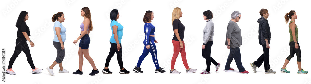 side view of a group of women walking on white background side view of a group of women walking on white background