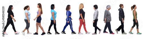 side view of a group of women walking on white background