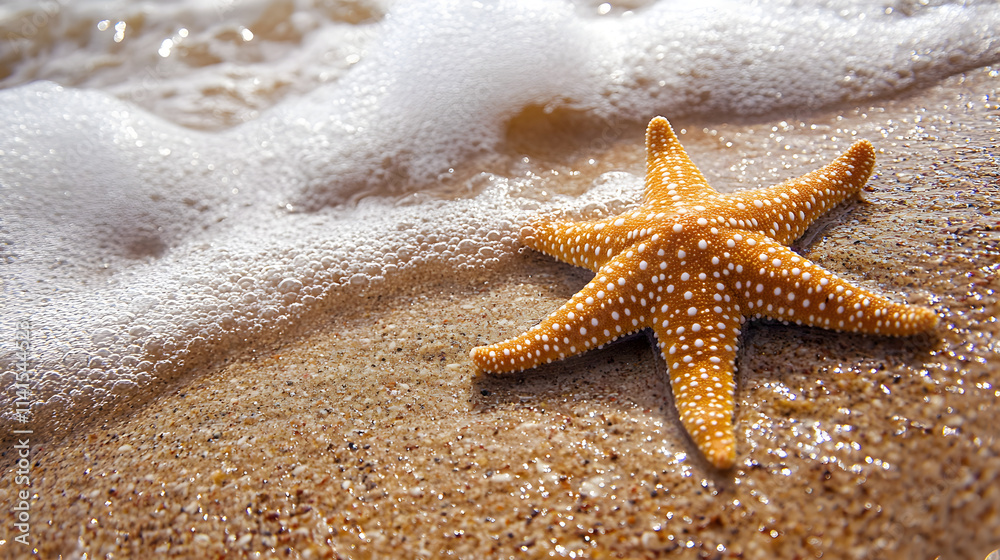 A starfish sitting on the wet sand, with waves gently touching it A starfish sitting on the wet sand, with waves gently touching it