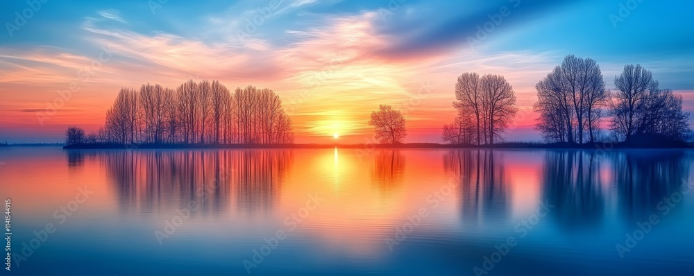 over a calm lake with silhouetted trees and reflections, Generative AI over a calm lake with silhouetted trees and reflections, Generative AI