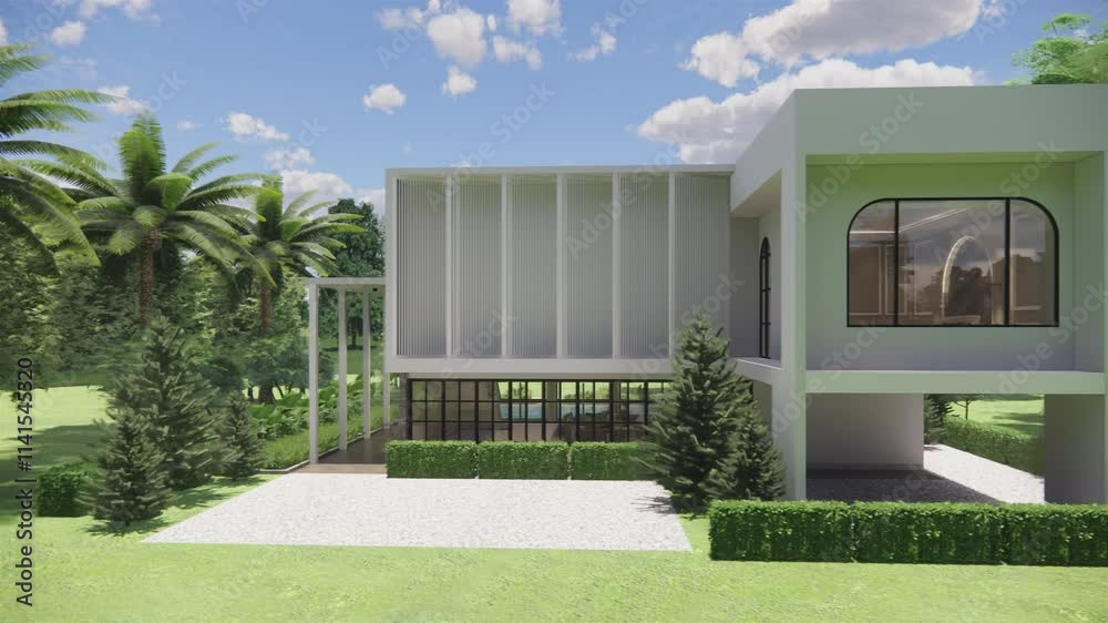 Modern house exterior with garden landscape .3D rendering model of the ...