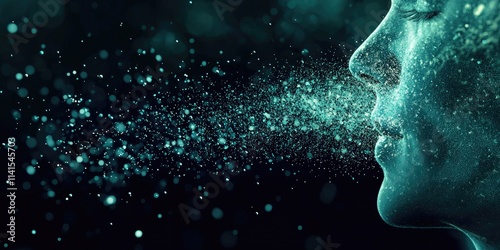 A graphic showing airborne virus particles being expelled during a sneeze or cough.