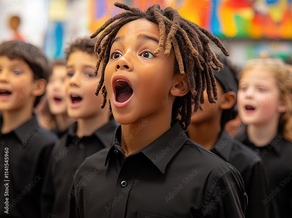 Obraz premium Children sing joyfully during a music class at a vibrant education center in the afternoon