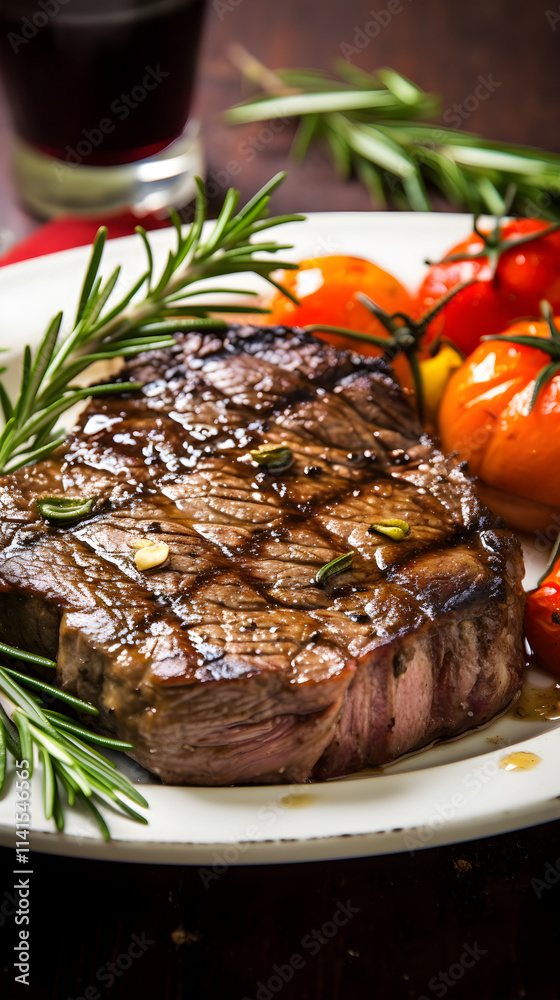 Juicy Beef Steak Garnished with Roasted Vegetables and Rosemary, Indulgence in Every Bite! Juicy Beef Steak Garnished with Roasted Vegetables and Rosemary, Indulgence in Every Bite!