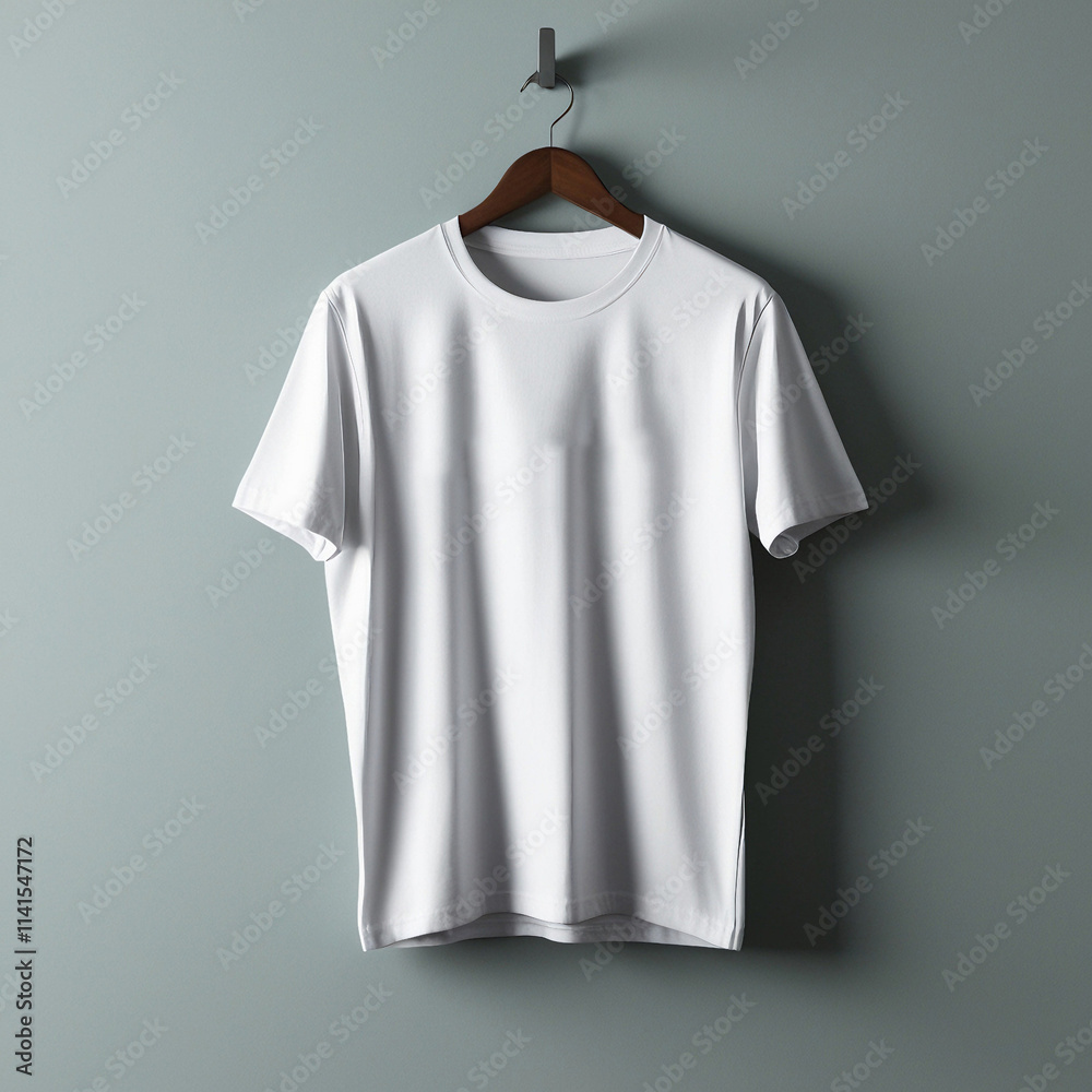 Blank White T-Shirt Mockup on Wooden Hanger Against Neutral Wall Background Blank White T-Shirt Mockup on Wooden Hanger Against Neutral Wall Background