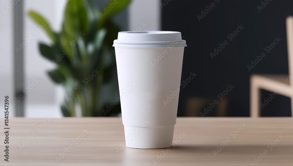 Minimalist White Coffee Cup Mockup with Lid on Wooden Table Background Minimalist White Coffee Cup Mockup with Lid on Wooden Table Background