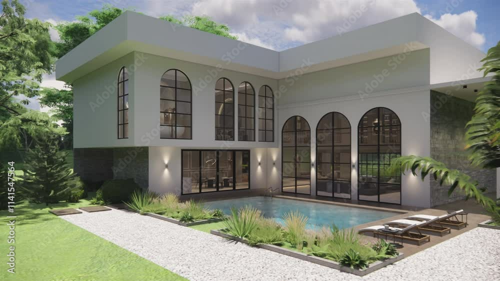 Modern house exterior with garden landscape .3D rendering model of the ...
