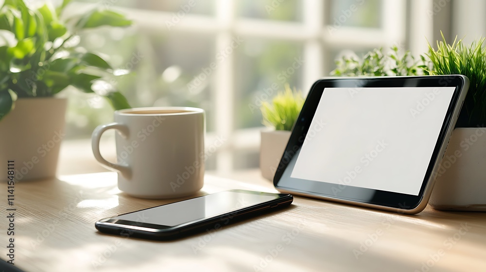 A coffee cup and a smartphone resting on a wooden desk with soft natural light A coffee cup and a smartphone resting on a wooden desk with soft natural light