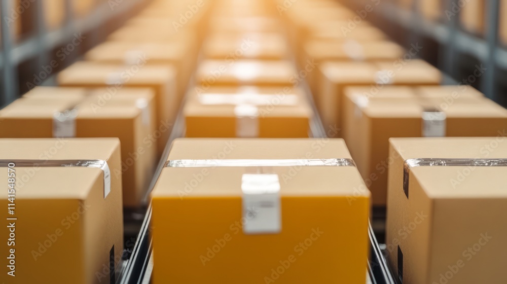 Rows of cardboard boxes placed neatly on warehouse conveyor belts reflecting sunlight, representing efficient storage and logistics in modern distribution centers Rows of cardboard boxes placed neatly on warehouse conveyor belts reflecting sunlight, representing efficient storage and logistics in modern distribution centers