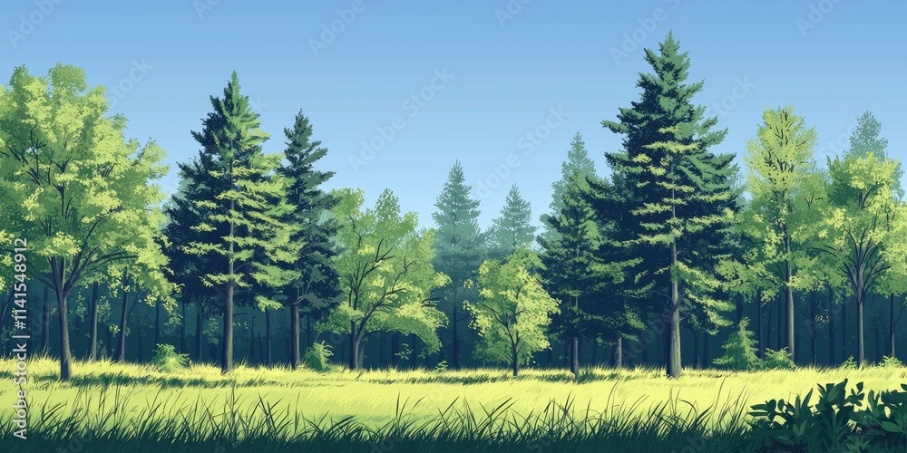 Fototapeta premium A serene forest with tall trees swaying gently in the breeze under a clear blue sky.