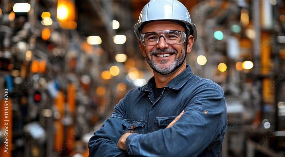 A man in a yellow helmet and safety glasses is standing in front of a machine A man in a yellow helmet and safety glasses is standing in front of a machine