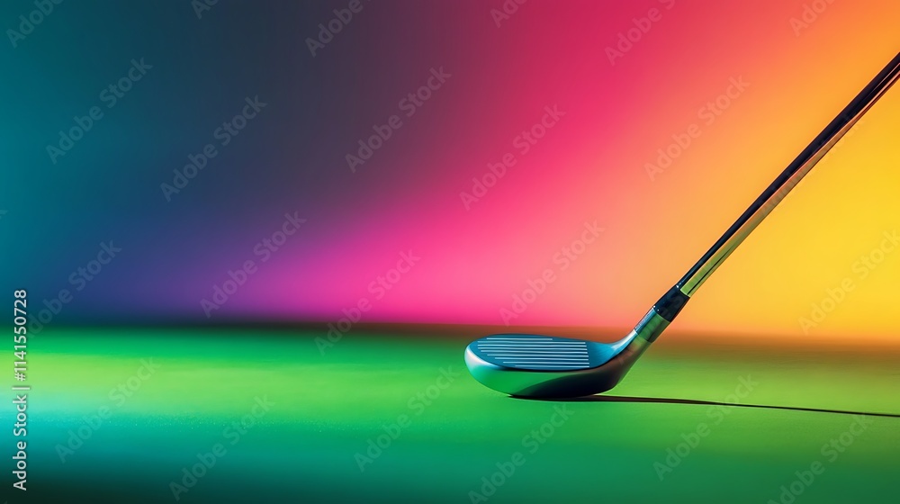 A golf club on the green in detail on a backdrop of vivid multicolored gradients