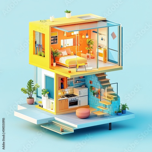 Isometric smart home design vibrant topaz tiny house interior layout modern living aesthetic viewpoint photo