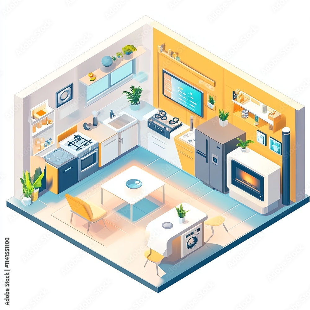 Aerial view of cozy smart home design modern isometric urban apartment illustration Aerial view of cozy smart home design modern isometric urban apartment illustration