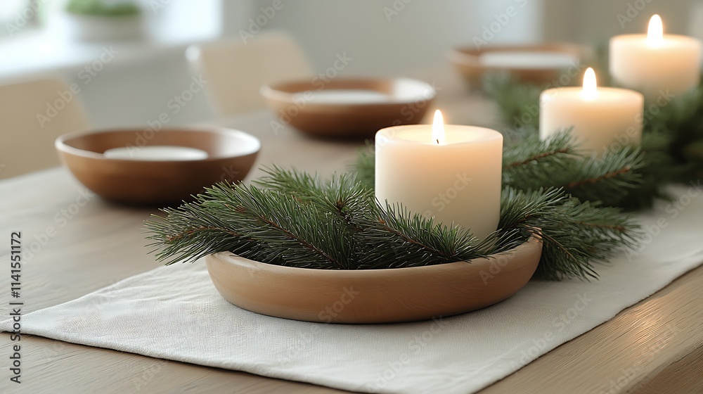 Elegant Christmas Table Setting With Candles and Natural Pine Decor on Wooden Dining Table : Generative AI Elegant Christmas Table Setting With Candles and Natural Pine Decor on Wooden Dining Table : Generative AI