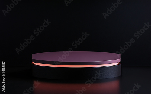 Unique modern design of a circular object with illuminated base in dark setting photo