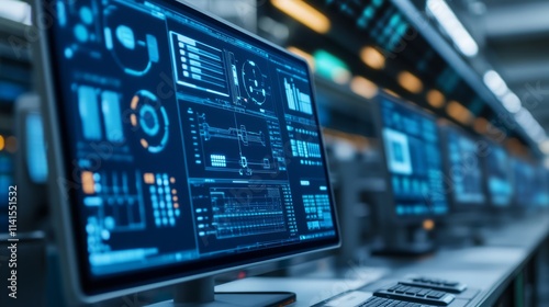 High-Tech Computer Monitors Displaying Data Analysis and Graphs in a Modern Digital Workspace Environment with Futuristic User Interface Design