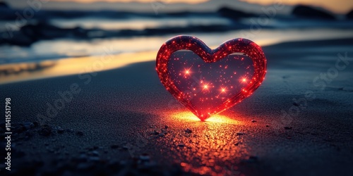 Glowing 3D Red Heart on Black Background at Beach with Stars and Luminescence at Sunset Over Ocean Shoreline
