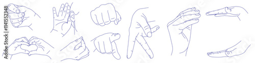 Set of hand gestures in various positions. Contour vector illustration. Fig, hearing, fist, heart and love. Sign language