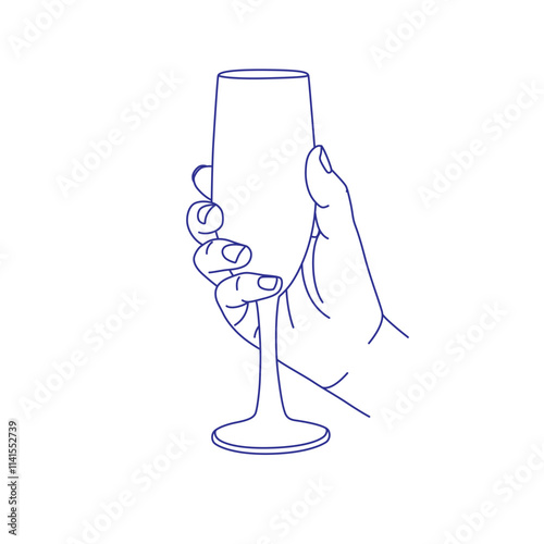 Hand holding a champagne glass. Contour vector illustration. Index, middle, ring, little fingers and thumb