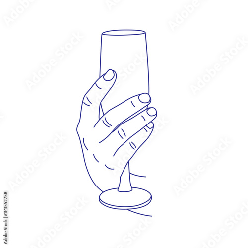 Hand holding a champagne glass. Contour vector illustration. Index, middle, ring, little fingers and thumb