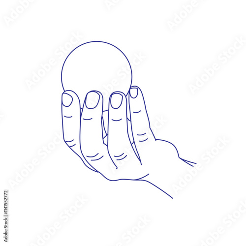 Hand holding a round ball. Contour vector illustration. Index, middle, ring, little fingers and thumb photo