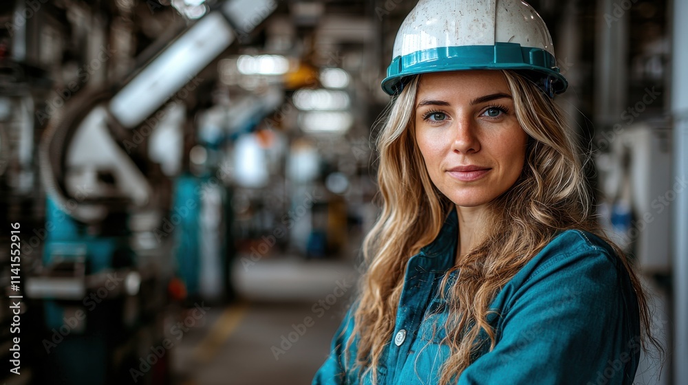 Confident female engineer wearing a hard hat and workwear standing in an industrial facility, symbolizing leadership, professionalism, and women in engineering. Confident female engineer wearing a hard hat and workwear standing in an industrial facility, symbolizing leadership, professionalism, and women in engineering.