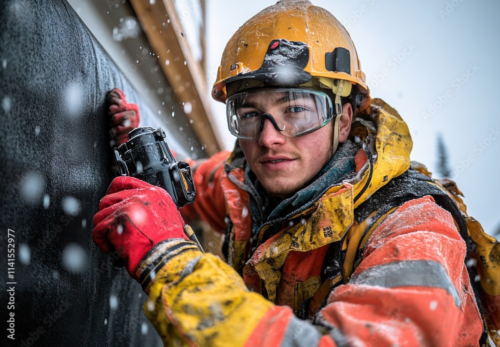 Construction worker performs tasks in snowy conditions, showcasing dedication and skill on the job site Construction worker performs tasks in snowy conditions, showcasing dedication and skill on the job site