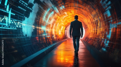 A silhouette of a businessman walking through a vibrant, digitally-themed tunnel filled with colorful data visualizations.