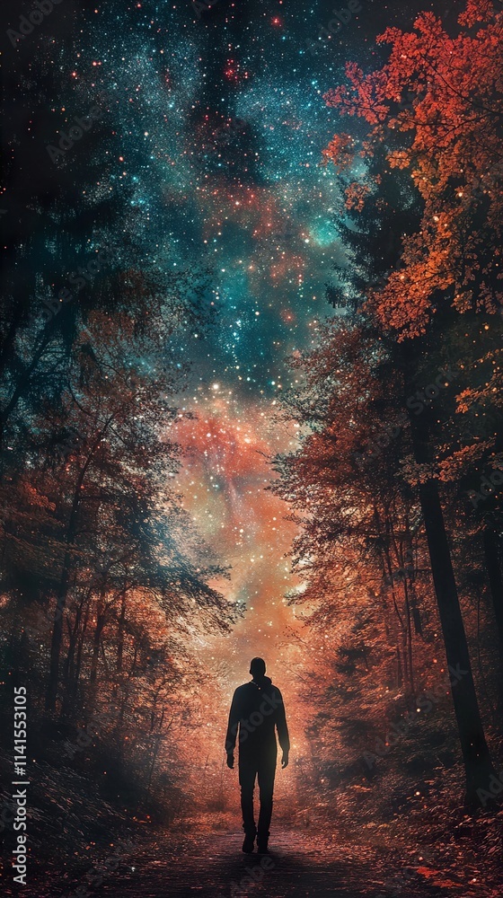 Fototapeta premium Cosmic Forest Path: A Nighttime Journey Under the Stars