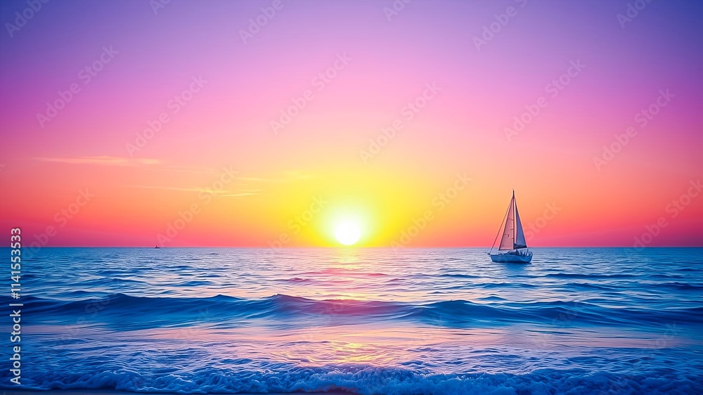 Fototapeta premium Serene Sunset Seascape with a Solitary Sailboat at the Horizon