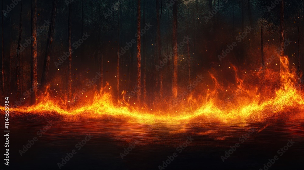 Naklejka premium A vivid depiction of flames in a forest, illustrating the destructive power of fire.