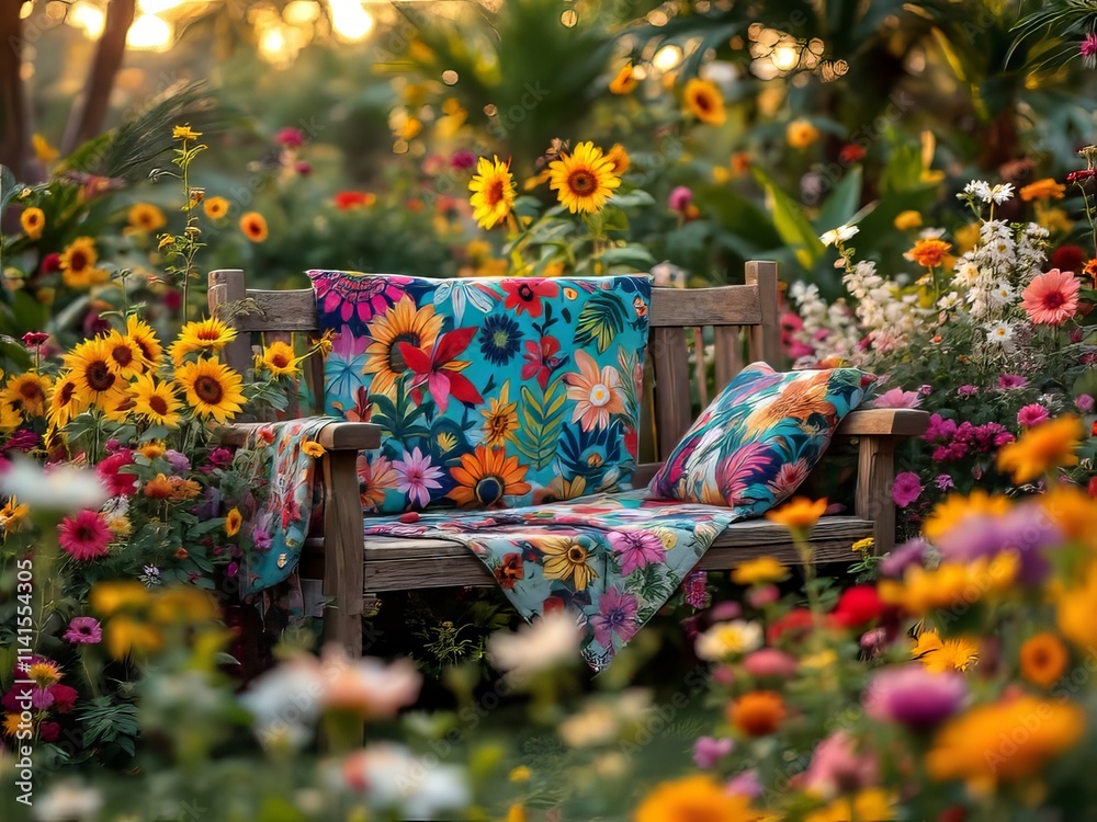 Obraz premium Bloom-painted bench, sunset hues, garden's upcycled charm.
