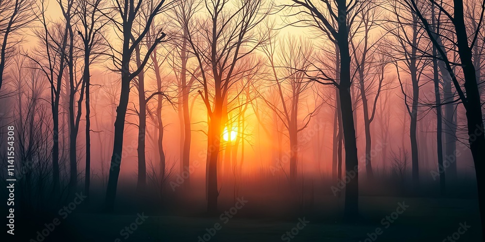 Golden sunrise illuminating a misty woodland scene with silhouetted trees Golden sunrise illuminating a misty woodland scene with silhouetted trees