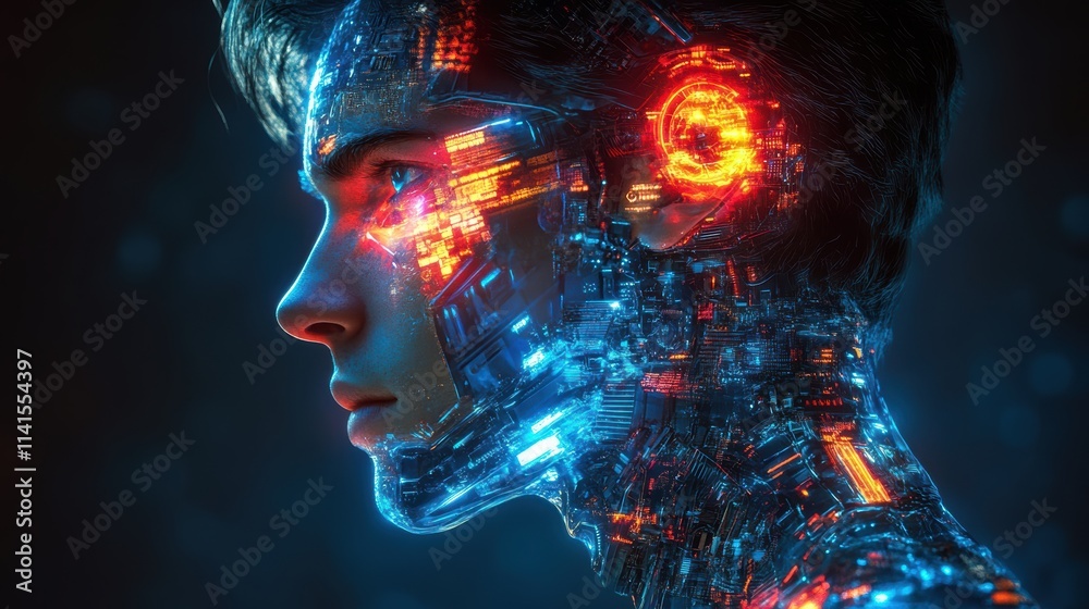 a young man is with his face and neck partially revealing intricate machinery beneath the skin. The side of his face and neck is integrated with various electronic parts, including glowing screens a young man is with his face and neck partially revealing intricate machinery beneath the skin. The side of his face and neck is integrated with various electronic parts, including glowing screens