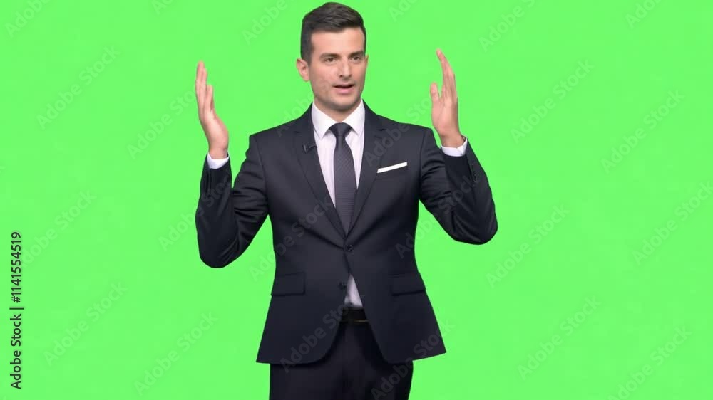 Handsome businessman presenting on a green screen