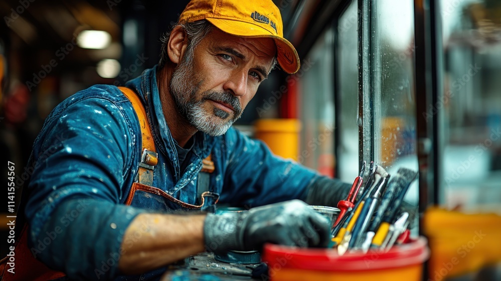 A mature painter in overalls, wearing a cap, sits by a window, looking directly at the camera. He has paint on his clothes and is holding paintbrushes and tools. A mature painter in overalls, wearing a cap, sits by a window, looking directly at the camera. He has paint on his clothes and is holding paintbrushes and tools.