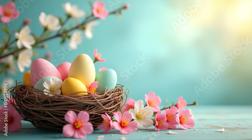Banner of renewal spring time theme. Cheerful easter concept showcasing colorful eggs nestled in a nest surrounded by vibrant spring blossoms. Easter setting space for text