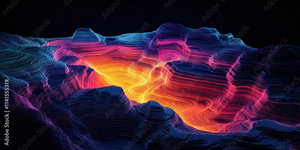 Fototapeta premium Abstract Topographic Visualization with Vibrant Colors on Black Background, Two-Dimensional Flat Design of Complex Terrain and Depths, Digital Art