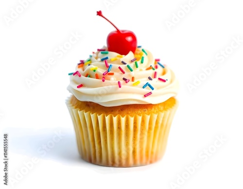 Vanilla cupcake with circular cream on top, white background, decorated with berries