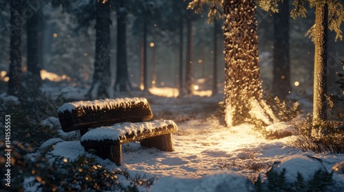 Serene Winter Forest Scene with Snowy Bench and Glowing Light photo