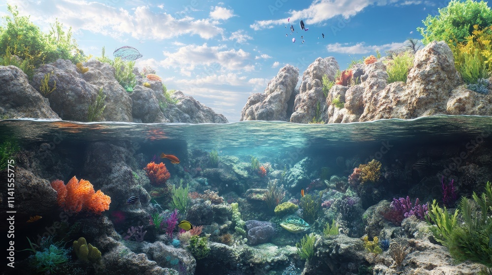 A beautiful underwater scene with a variety of colorful fish and coral A beautiful underwater scene with a variety of colorful fish and coral