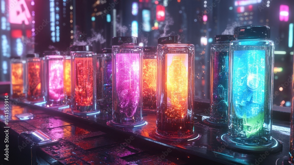 A futuristic display of colorful liquid-filled jars, emitting steam in a neon-lit urban setting. A futuristic display of colorful liquid-filled jars, emitting steam in a neon-lit urban setting.